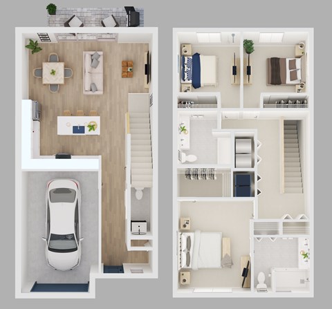 A floor plan of a two-bedroom apartment with a kitchen, living room, and bathroom.
